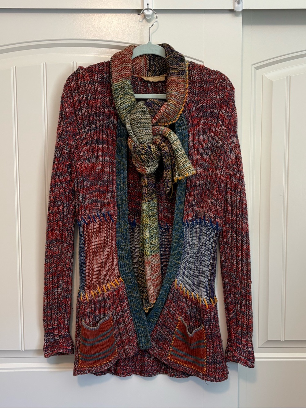 Vintage 70s whistle stop patchwork knitted acrylic sweater cardigan M/L